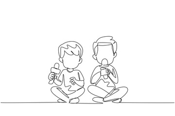Continuous one line drawing two brothers holding a mic. Utilizing technology called microphone. Karaoke together with joy. Fun together. Day of Brother. Single line draw design vector illustration