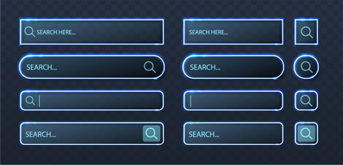 Vector icon illustration. Set of neon search bar icons in different shapes, ui elements isolated on dark background.