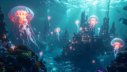 Surreal underwater city with glowing jellyfish