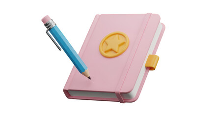 Pink notebook with yellow star and blue pencil isolated on a transparent background journal