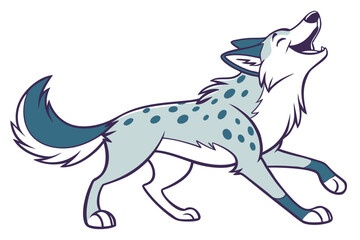 Cartoon Gray Wolf Howling Upward with Spotted Fur in on White Background