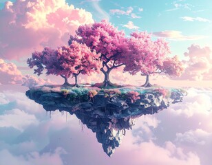 Surreal floating island with metallic trees under pastel skies. Dreamlike fantasy landscape, imaginative and artistic scene, perfect for book covers, games, and editorial design