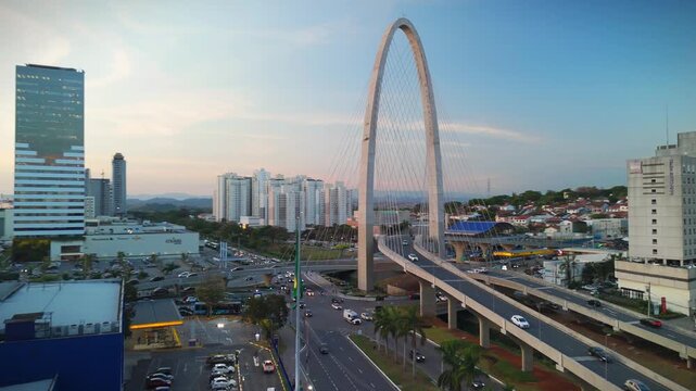 aerial view of a cable-stayed bridge in Sao Jose dos Campos, countryside of Sao Paulo state during sunset