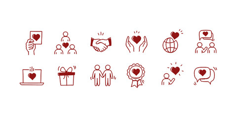 Community trust hand, social heart doodle line icon. Charity community, partnership care, people solidarity help concept icon set. Hand drawn doodle sketch style line. Vector illustration