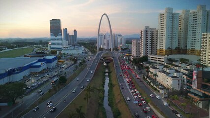 aerial view of a cable-stayed bridge in Sao Jose dos Campos, countryside of Sao Paulo state during sunset