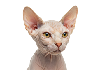 Isolated Sphynx cat looking at camera, close-up, pale pink wrinkly skin, large ears, gold eyes