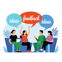 Team brainstorming session with ideas and feedback for creative problem solving together