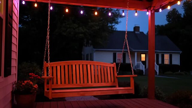 Tranquil evening porch swing bathed in warm string lights, inviting relaxation and peaceful moments at home