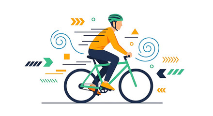 Fototapeta premium A person wearing a helmet rides a bicycle with abstract speed lines and geometric shapes in the background.