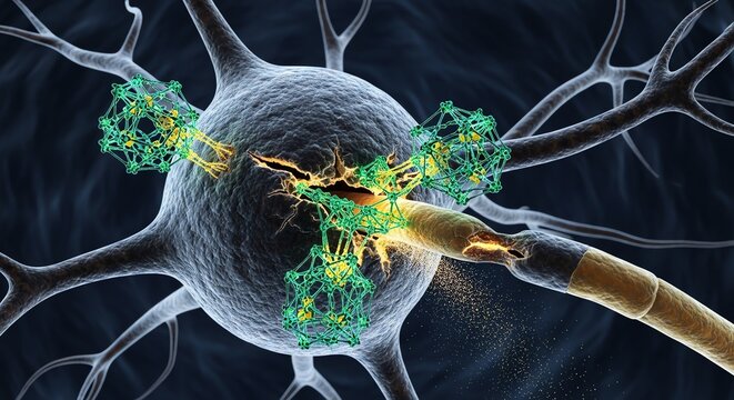 Detailed 3d illustration of a neuron transmitting electrical signals across a synapse with glowing green energy