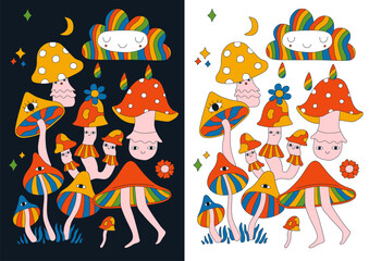 Psychedelic poster with many mushrooms, dancing mushroom, smiling cloud and moon. Bright rainbow hippie summer banner. 60s 70s retro style. Flower power, peace and love, Indian summer, Woodstock.  