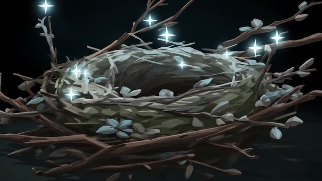 Animated empty nest with glowing stars and twigs against dark backdrop