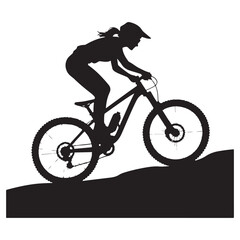 Obraz premium Silhouette of a female cyclist riding a mountain bike downhill on a rough terrain technology background