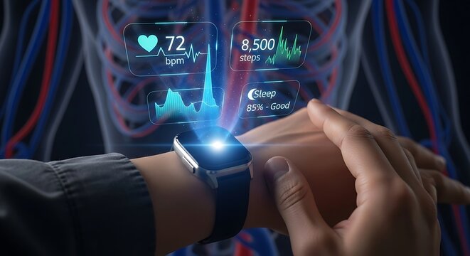 Person interacting with futuristic holographic medical display showing vital signs and anatomy