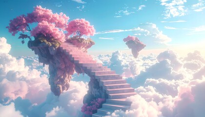 Surreal floating staircases in the sky, whimsical dream