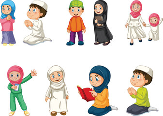 Arabic Text : welcome Ramadan . Delicious Breakfast . The month of goodness , Set of Ramadan stickers Isolated cartoon vector illustration