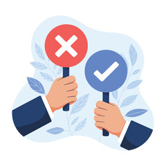 Hands holding paddles with check mark and cross icons for positive negative feedback