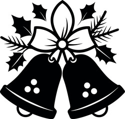 Elegant black Christmas bells with holly and stars isolated on white background