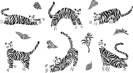 Set cute abstract black and white tigers, unique modern style. Silhouette and stripes. Collection of simple tiger in different pose. Chenese New Year 2022, Orient Zodiac sign, illustration on white.