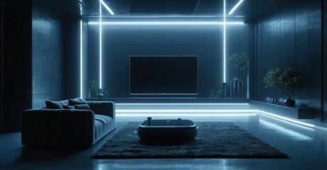 Modern living room features sleek sofa, large screen, ambient lighting. Minimalist design creates futuristic, relaxing space. Dark tones dominate.