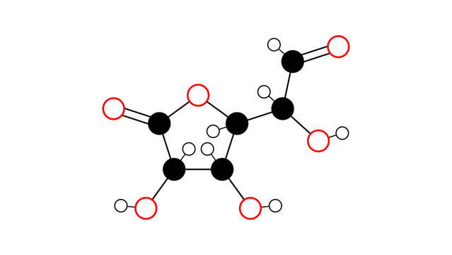 glucuronolactone molecule, structural chemical formula, ball-and-stick model, isolated image detoxification agent