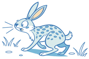 Cartoon Hare with Blue Spots, Talking on White Background,