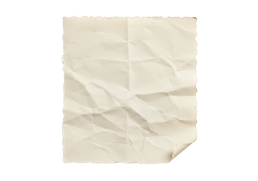 Isolated crumpled paper sheet with rough edge, craft material with wrinkle, vintage, retro
