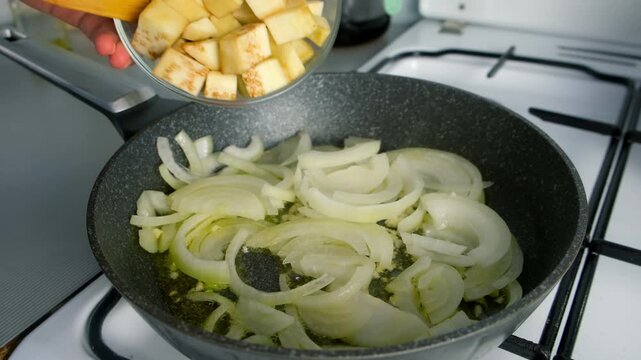 Chef woman hands cooking stirring onions adding eggplant to frying pan on gas stove on kitchen. Culinary techniques, homemade preparing healthy meal, cook food dish, cuisine, seasoning garlic.