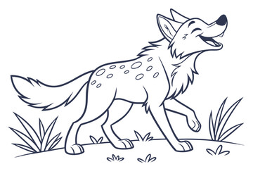Cartoon Hyena Outline Walking Laughing On Grass, Happy Isolated on White