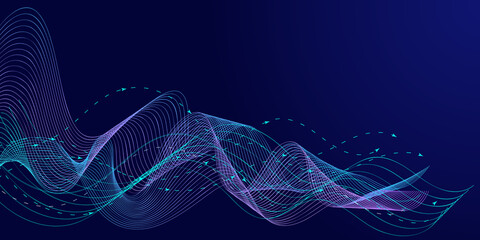 Glowing wave lines with motion arrows on dark blue background. Futuristic  design for tech, data or innovation themes, science, AI or network concepts.