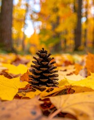 Autumn cone amidst fallen leaves