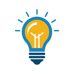 Blue and Yellow Light Bulb Icon with Rays on White Background idea innovation
