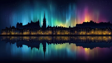 Obraz premium Cityscape Silhouette Under Aurora Borealis with Water Reflection