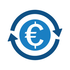 Blue Euro Symbol with Circular Arrows on White Background Keywords: euro, currency, money, finance, symbol, icon, exchange, transfer, transaction