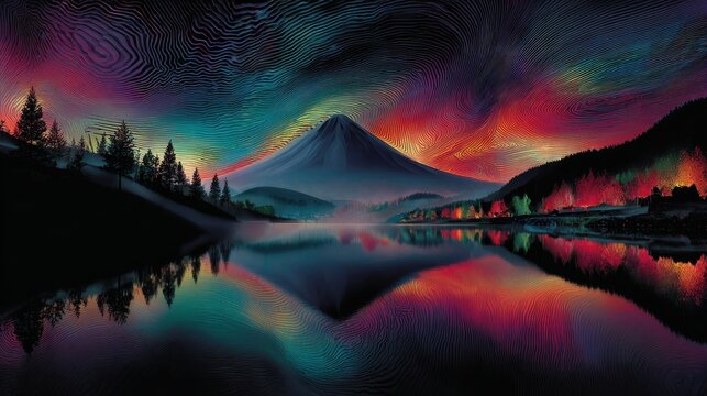 Mountain landscape with colorful sky and lake reflection