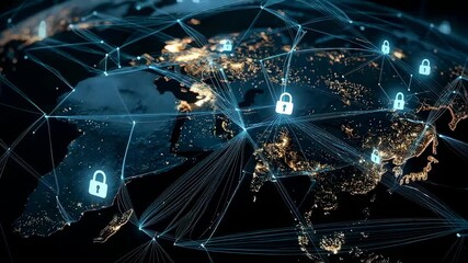 Global Data Security: An illuminated network overlaying a vibrant world map, adorned with digital locks that symbolize a safe interconnected world