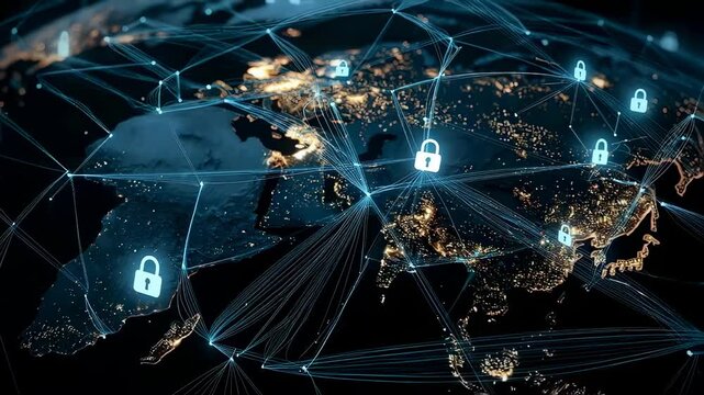 Global Data Security: An illuminated network overlaying a vibrant world map, adorned with digital locks that symbolize a safe interconnected world