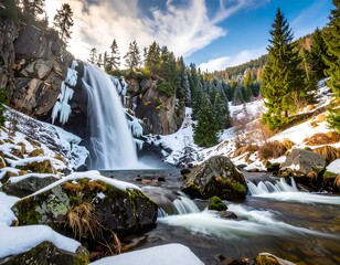 Winter waterfall cascading down rocky mountains