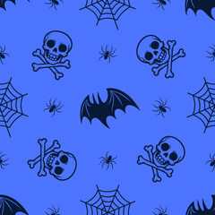 Fashion seamless pattern with skulls and spiderwebs.