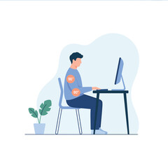 Ergonomic sitting posture with 90 degree angles for back and elbows in office setting