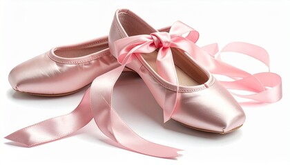A pair of ballet shoes with pink satin ribbons, detailed stitching, and elegant soft design isolated on white background