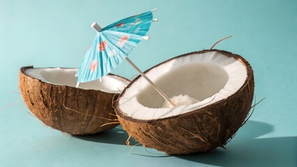 Fototapeta premium Halved coconut with tropical cocktail umbrella on turquoise background in summer still life concept