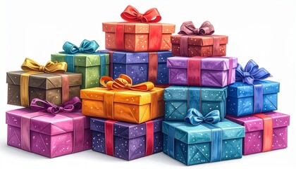 Obraz premium A stack of colorful gift boxes with ribbons and bows, arranged neatly, realistic fabric textures isolated on white background 