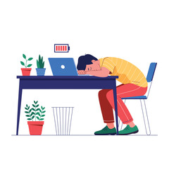Exhausted Man Leaning on Desk with Laptop and Low Battery Icon Concept