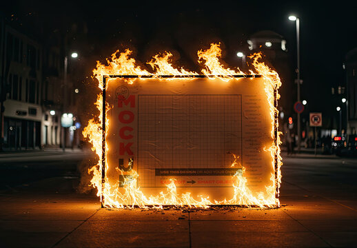 Horizontal Street Sign on Fire Mockup
