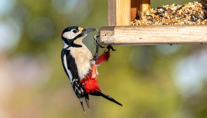 Naklejka premium Woodpecker on bird feeder