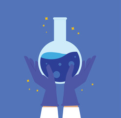 Lab experiment flask. Laboratory glassware or beaker equipment. Vaccine discovery concept. Flask in the hands in a robe and gloves.