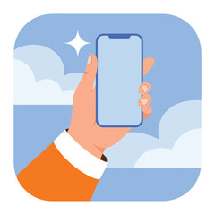 Person holding a smartphone in the sky with clouds background concept design
