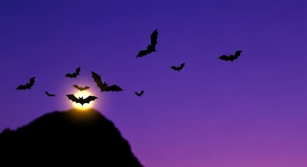 Fototapeta premium Bats flying in the night sky with a full moon behind a dark mountain peak