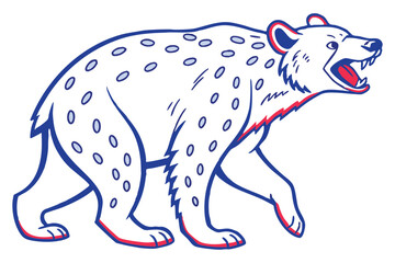 Cartoon Hyena Walking, Blue Outline and Spots, Red Accent, White Background
